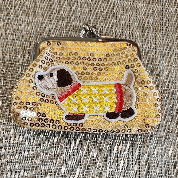 Hand Crafted Handbags - Hand Crafted Gold Sequin Dog Kiss Lock Coin Purse